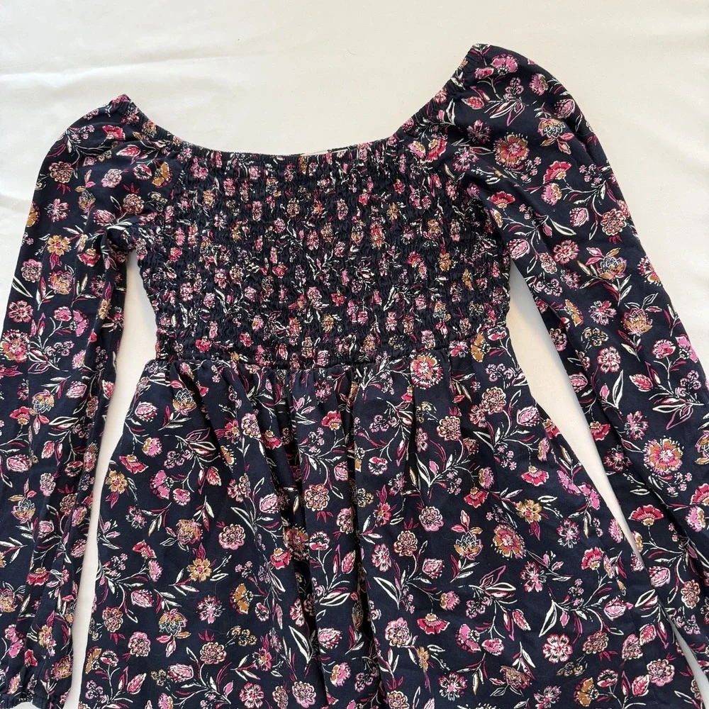 Gap Kids Floral Dress Girls XL 14/16 Navy Blue Smocked Long Sleeve Boho‎ Square